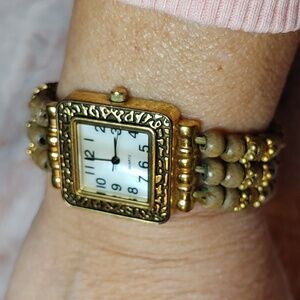 Vintage Gold Tone Quartz Square Face Watch with Wooden Beads
